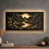 Large rustic metal art depicting a desert canyon sunset scene.