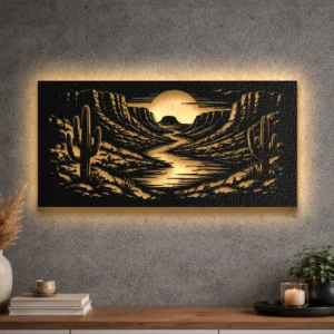 Large rustic metal art depicting a desert canyon sunset scene