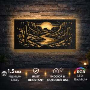 Desert Canyon Sunset Metal Wall Art, Oversized Rustic Southwest Decor, Optional RGB LED, Nature Lover Gift