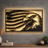 Oversized rustic metal eagle flag art hanging on a concrete wall.