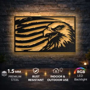 Distressed American Flag Eagle Metal Art, Oversized Rustic Patriotic Decor, Optional RGB LED, Military Gift