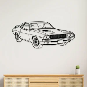 Black metal outline of Dodge Challenger 1970 RT on a white wall
