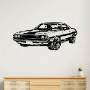 Black metal wall art of a 1970 Dodge Challenger RT.