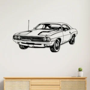 Black metal silhouette of a 1971 Dodge Challenger wall art.