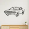Black metal outline art of a 1971 Dodge Challenger on a white wall.
