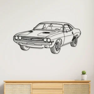 Dodge Challenger 1971 Metal Wall Art Legendary Muscle Car Silhouette Retro Garage Sign Car Guy Gift Fabia Home Black metal outline art of a 1971 Dodge Challenger on a white wall