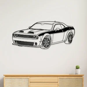 Black metal outline of a Dodge Challenger Hellcat wall art