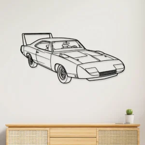 Black metal outline of a 1969 Dodge Charger Daytona on a white wall