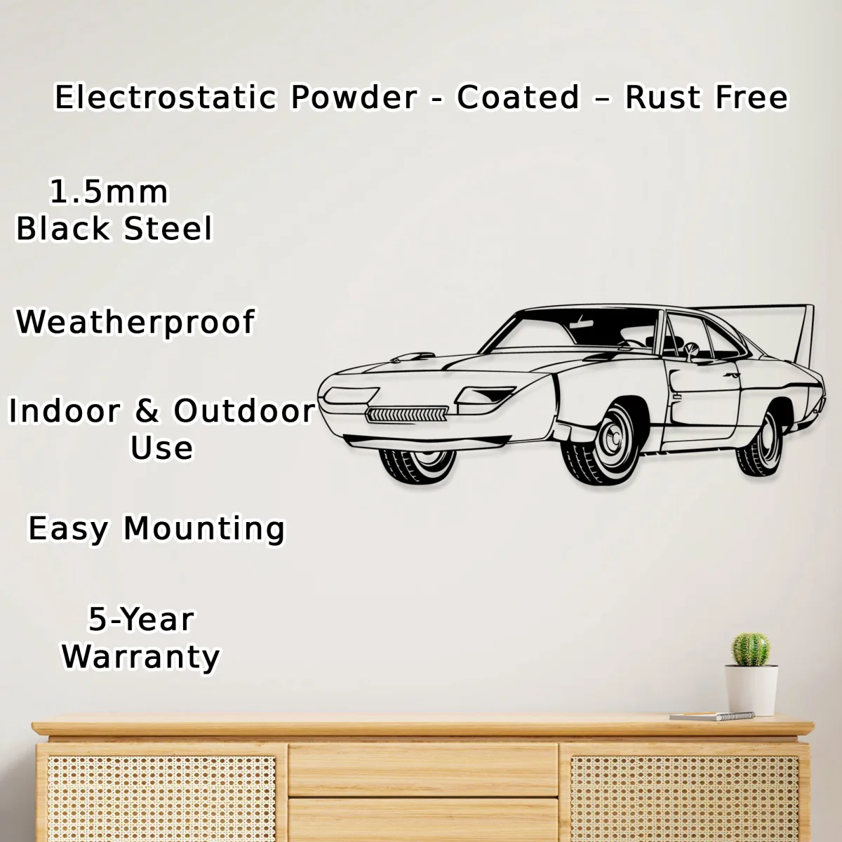 Detailed metal sculpture of a classic American muscle car