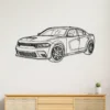 Black metal line art of a Dodge Charger Hellcat on a white wall.