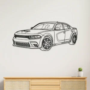 Black metal line art of a Dodge Charger Hellcat on a white wall.