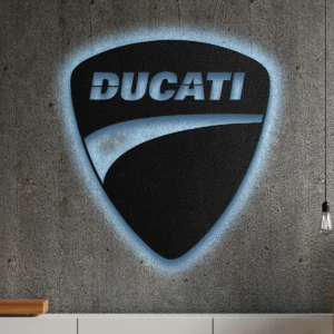 Black metal Ducati logo wall art with blue LED backlight
