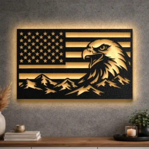 Large rustic metal art featuring an eagle and American flag