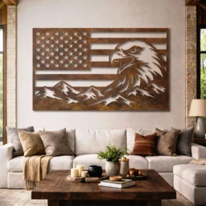 Eagle American Flag Metal Art, Oversized Rustic Mountain Decor, Optional RGB LED, Patriotic Home Gift