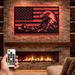 Eagle American Flag Metal Art, Oversized Rustic Mountain Decor, Optional RGB LED, Patriotic Home Gift