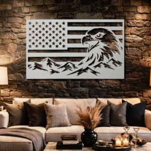 Eagle American Flag Metal Art, Oversized Rustic Mountain Decor, Optional RGB LED, Patriotic Home Gift
