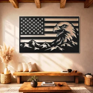Eagle American Flag Metal Art, Oversized Rustic Mountain Decor, Optional RGB LED, Patriotic Home Gift