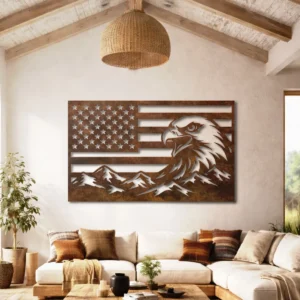 Eagle American Flag Metal Art, Oversized Rustic Mountain Decor, Optional RGB LED, Patriotic Home Gift