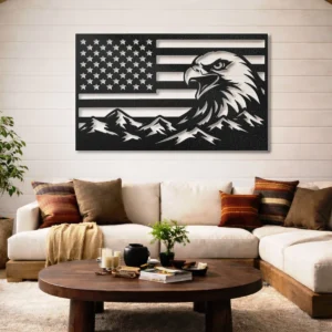 Eagle American Flag Metal Art, Oversized Rustic Mountain Decor, Optional RGB LED, Patriotic Home Gift