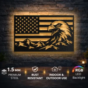 Eagle American Flag Metal Art, Oversized Rustic Mountain Decor, Optional RGB LED, Patriotic Home Gift