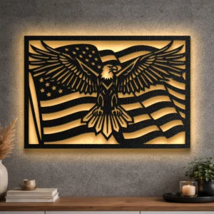 Large metal wall art featuring a majestic eagle and American flag design