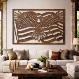 Eagle American Flag Metal Wall Art, Oversized Rustic Patriotic Decor, USA Flag Design, Optional RGB LED, Military Gift