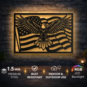 Eagle American Flag Metal Wall Art, Oversized Rustic Patriotic Decor, USA Flag Design, Optional RGB LED, Military Gift