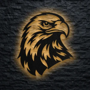 Oversized rustic metal eagle head wall art with optional LED backlighting