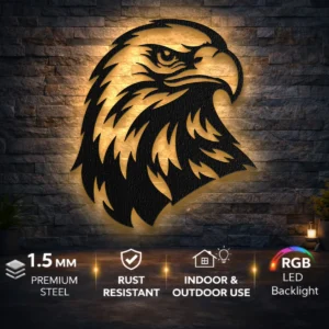 Eagle Head Metal Art, Oversized Rustic Wildlife Decor, Minimalist Design, Optional RGB LED, Nature Lover Gift
