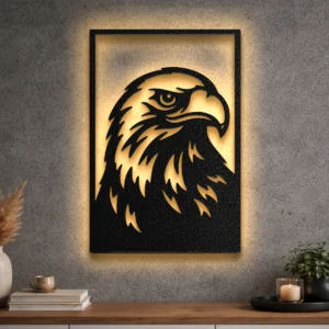 A large black Eagle Head metal wall art with optional LED backlighting on a textured gray wall