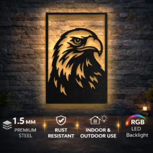 Eagle Head Metal Wall Art, Oversized Rustic Wildlife Decor, Bold Design, Optional RGB LED, Patriot Gift