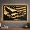Oversized rustic metal American flag art with flying eagle and mountains.