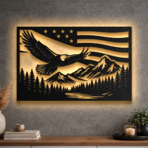 Oversized rustic metal American flag art with flying eagle and mountains
