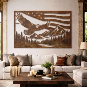 Eagle Metal Wall Art, Oversized Rustic American Flag Decor, Mountain Forest Scene, Optional RGB LED, Patriotic Gift