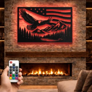 Eagle Metal Wall Art, Oversized Rustic American Flag Decor, Mountain Forest Scene, Optional RGB LED, Patriotic Gift