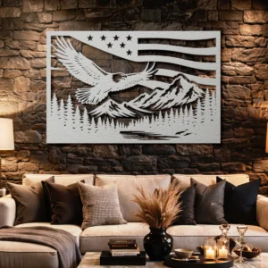 Eagle Metal Wall Art, Oversized Rustic American Flag Decor, Mountain Forest Scene, Optional RGB LED, Patriotic Gift