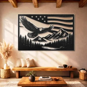 Eagle Metal Wall Art, Oversized Rustic American Flag Decor, Mountain Forest Scene, Optional RGB LED, Patriotic Gift