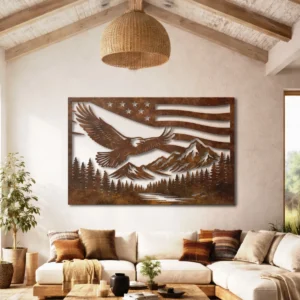 Eagle Metal Wall Art, Oversized Rustic American Flag Decor, Mountain Forest Scene, Optional RGB LED, Patriotic Gift