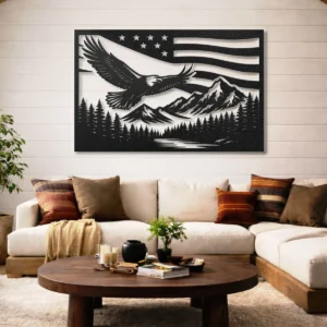 Eagle Metal Wall Art, Oversized Rustic American Flag Decor, Mountain Forest Scene, Optional RGB LED, Patriotic Gift
