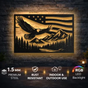 Eagle Metal Wall Art, Oversized Rustic American Flag Decor, Mountain Forest Scene, Optional RGB LED, Patriotic Gift