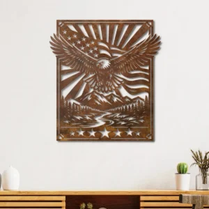 Eagle Metal Wall Art, Oversized Rustic American Flag Decor, Mountain River Scene, Optional RGB LED, Patriotic Gift
