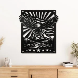 Eagle Metal Wall Art, Oversized Rustic American Flag Decor, Mountain River Scene, Optional RGB LED, Patriotic Gift