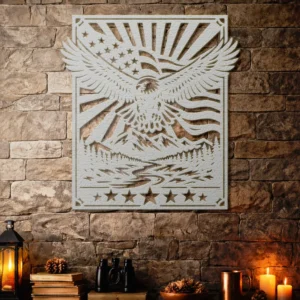 Eagle Metal Wall Art, Oversized Rustic American Flag Decor, Mountain River Scene, Optional RGB LED, Patriotic Gift