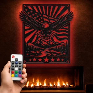 Eagle Metal Wall Art, Oversized Rustic American Flag Decor, Mountain River Scene, Optional RGB LED, Patriotic Gift
