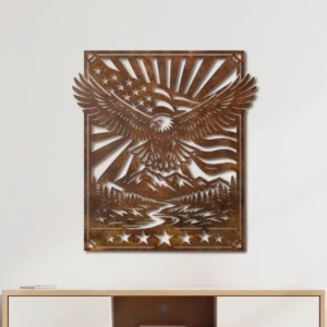 Eagle Metal Wall Art, Oversized Rustic American Flag Decor, Mountain River Scene, Optional RGB LED, Patriotic Gift