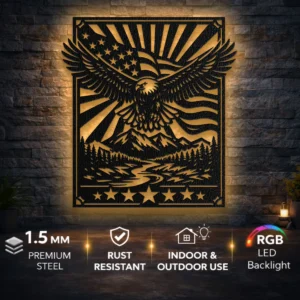 Eagle Metal Wall Art, Oversized Rustic American Flag Decor, Mountain River Scene, Optional RGB LED, Patriotic Gift