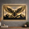 Large rustic eagle wings metal art with mountain scene.