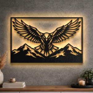 Large rustic eagle wings metal art with mountain scene