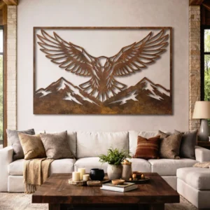 Eagle Wings Mountain Scene Metal Art, Oversized Rustic Wildlife Decor, Optional RGB LED, Lodge Cabin Gift