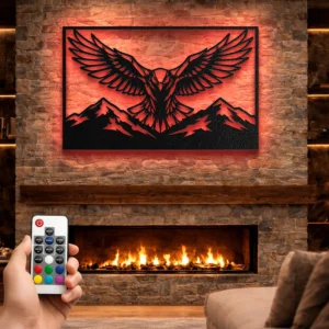 Eagle Wings Mountain Scene Metal Art, Oversized Rustic Wildlife Decor, Optional RGB LED, Lodge Cabin Gift